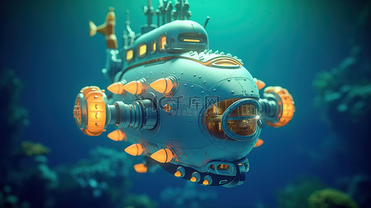 儿童海洋背景图片_海洋冒险 3D 渲染卡通潜艇的特写视图