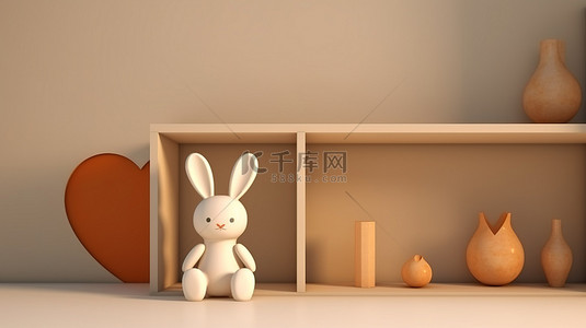 儿童房金色展示架模型，配有 3D 渲染的玩具兔子