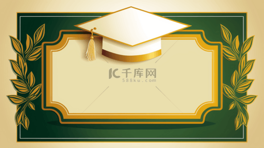 毕业白色帽子绿色金色边框背景