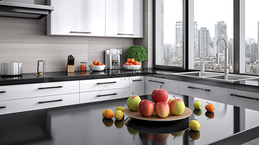 新鲜水果装饰着美丽的卡布奇诺彩色厨房，配有黑白陶瓷元素和 3D 渲染