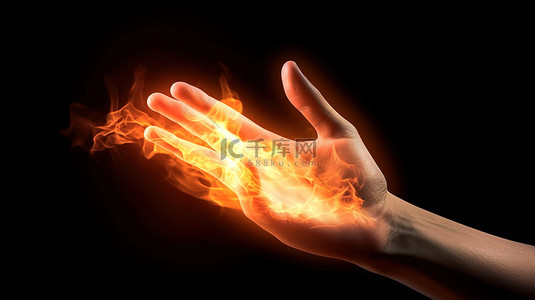强烈的 3D 特写，双手紧握，散发出火热的光芒，描绘出行动的停止