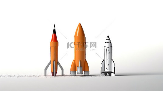 在白色背景 3D 渲染上实现从儿童素描到火箭模型的想象力