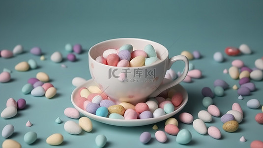 装满糖果和复活节彩蛋的杯子的平躺式 3D 渲染