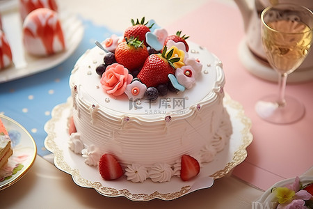 桌子上的蛋糕有草莓和奶油