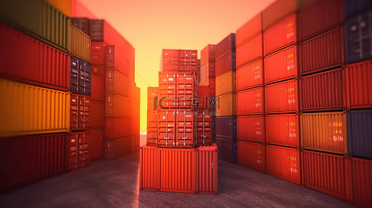 具有集装箱和箱式包装背景的进出口业务货运船 3D 渲染