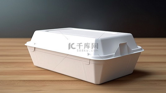 空白一次性食品盒容器的 3D 渲染，带有白纸盖标签和独立包装