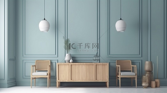 蓝色木制背景背景图片_现代室内场景中的 3D 可视化木制控制台和椅子与蓝色壁纸相映衬