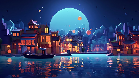 水中低聚游戏城 3D 渲染夜景，具有 4k 分辨率的卡通美学