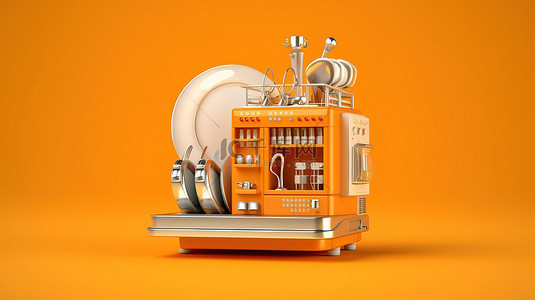 洗碗机中厨房用具的橙色背景 3D 渲染