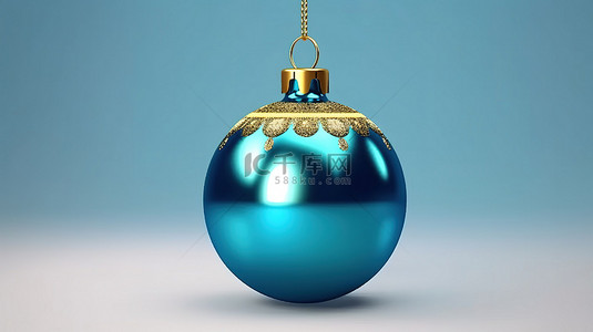 金圣诞快乐背景图片_闪闪发光的黄色悬挂小玩意，用于圣诞快乐和除夕蓝色圣诞球装饰 3D 渲染插图