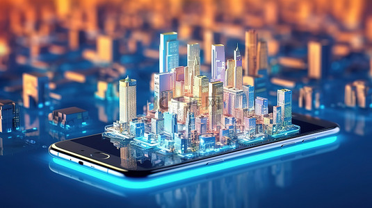 未来技术融合智能城市技术低聚城市背景 3D 渲染智能手机图像