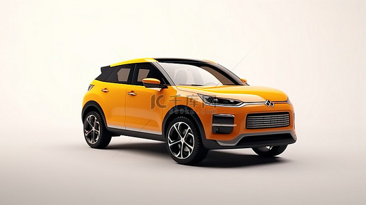 白色背景上橙色紧凑型城市 SUV 的空白车身 3D 渲染，满足您的设计需求