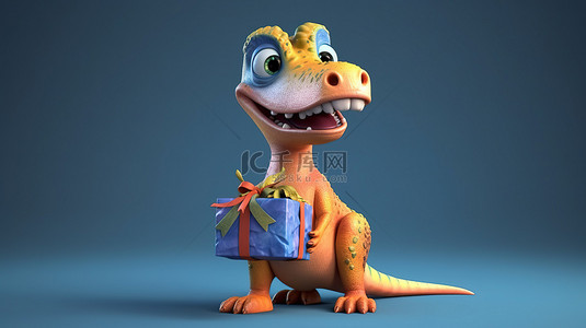 霸王龙可爱背景图片_可爱的 3d 恐龙，手里拿着礼物