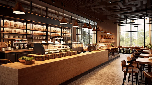 晚房间背景图片_质朴的木质设计餐厅或咖啡馆的 3D 渲染