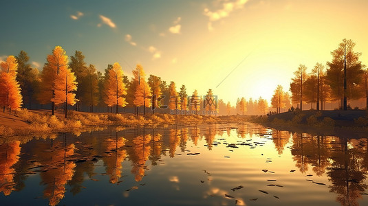 令人惊叹的 3D 渲染日出景观金色的树木翠绿的草反射在湖中
