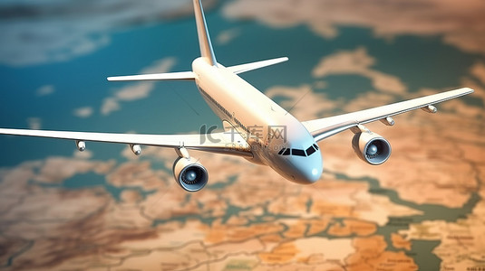 全球商务背景图片_全球飞行冒险飞机飞行的 3D 渲染，带有旅游地点引脚，用于旅行规划