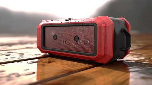 木桌上的防水红色便携式无线扬声器的 3D 渲染
