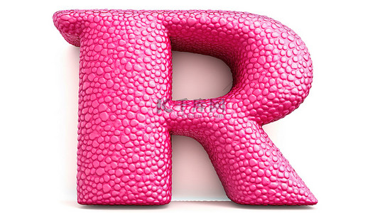 白色背景中的大写“r”，具有 3D 渲染的粉红色皮革字体和皮肤纹理