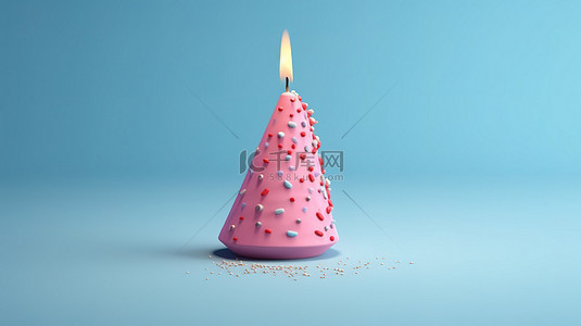 简约的 3D 渲染节日蜡烛装饰浅蓝色背景上的粉红色三角形蛋糕