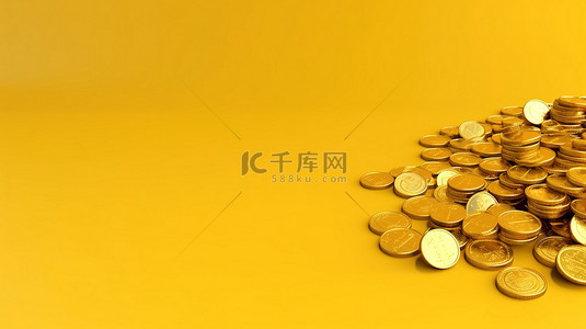 充满活力的黄色背景上闪闪发光的美元符号硬币的 3D 插图，有文字空间