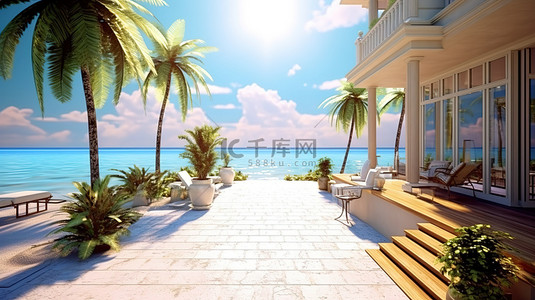 豪华别墅酒店的 3D 渲染，享有海滨景观和海洋天空