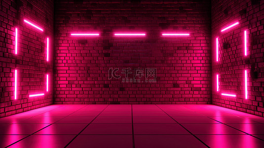 砖墙背景下粉红色霓虹灯舞台的 3D 插图