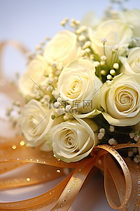 金色丝带，上面有几朵白玫瑰和满天星