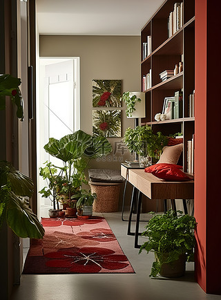 有植物书籍和家具的走廊