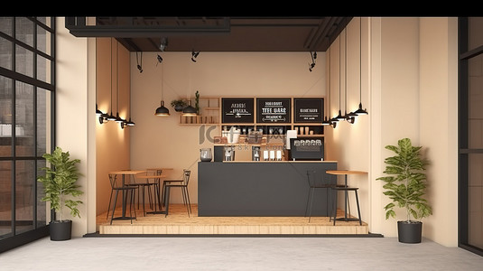 咖啡店入口的 3D 插图与建筑设计和显示横幅和菜单模型