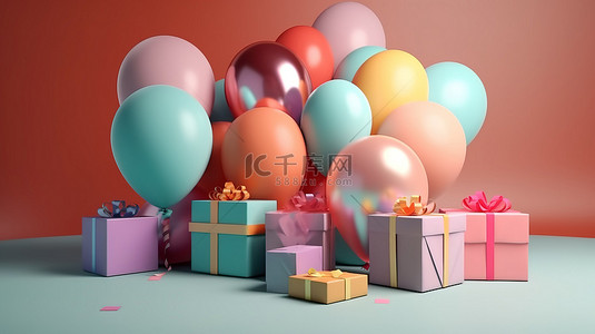 五颜六色的气球和背景中带有蝴蝶结的礼品盒的充满活力的 3D 渲染