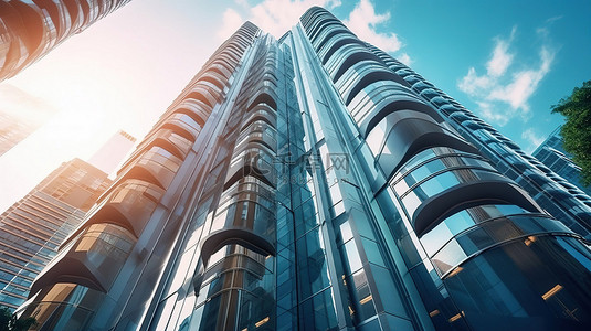 从独特的角度3D渲染未来企业摩天大楼的创新高层设计