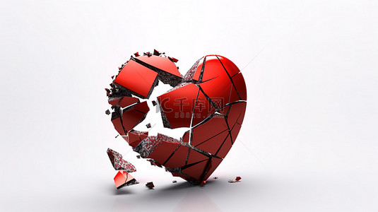 爱心和破碎的爱心背景图片_白色背景下破碎的红心的 3d 渲染