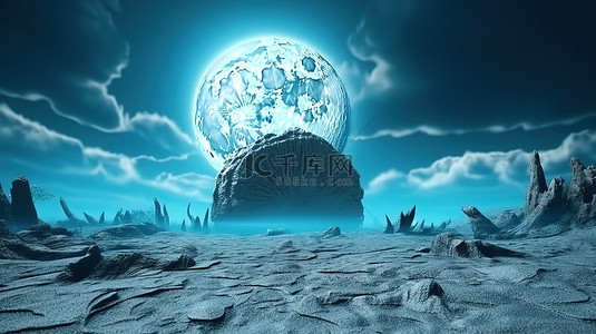 幽灵般的蓝色万圣节背景 3D 渲染的满月在地面云层中升起