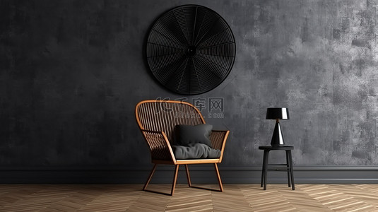 简约的空墙，配有木椅和风扇，黑色背景，时尚的现代内饰 3D 设计