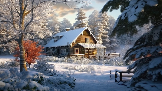 白雪皑皑的森林中的舒适小屋 3D 插图渲染