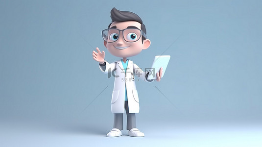 护理背景图片_可爱的卡通医生，用平板电脑在 3D 渲染中指着大屏幕