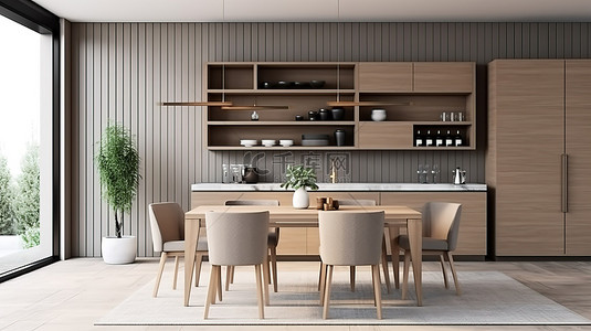 模拟餐厅中豪华木制餐桌和厨柜的 3d 渲染