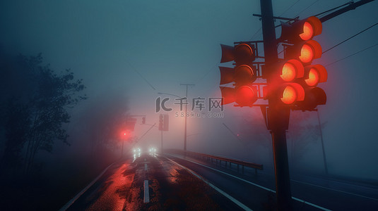 夜间雾气笼罩交通灯的怪异 3D 渲染