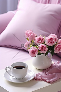 一张沙发，配有粉色坐垫粉色玫瑰和一个空茶杯