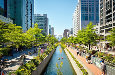 蚂蚁过河背景图片_一条城市街道，人们在装饰过的运河附近行走