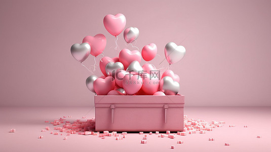 粉红色礼品盒的 3D 渲染，里面装满了心形气球情书和留言空间
