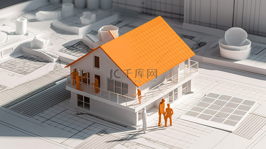其他建筑背景图片_蓝图上的家庭带有能效图表和其他文件的房屋的 3d 模型