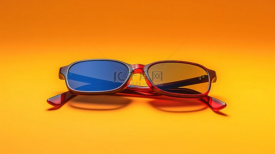 充满活力的黄色背景上带有红色和蓝色镜片的 3D 电影眼镜