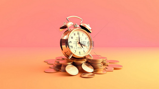 粉红色背景上的金币和时钟的 3D 渲染，带有灵活的钞票