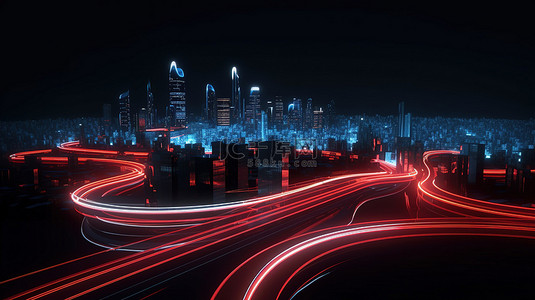 道路 3d 渲染上带有红色和浅蓝色光迹的城市景观