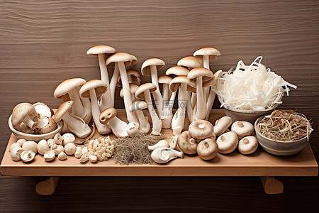 木制台面上展示着不同类型的蘑菇