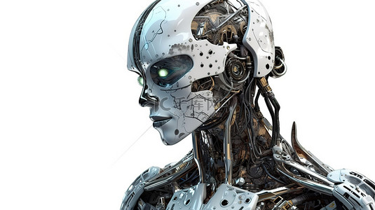 女模特背景图片_在白色背景上隔离的 3D 渲染中描绘的女性机器人或机器人