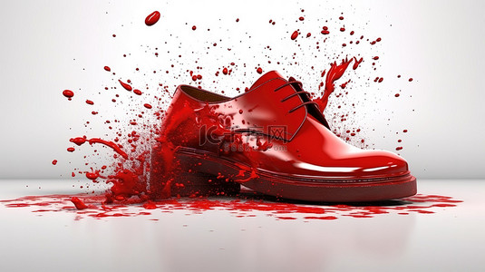 红背景图片_沾有红色油漆污点的鞋子的 3D 插图