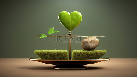 生命之树背景图片_平衡爱和生态天平在 3d 中称量心脏和幼苗