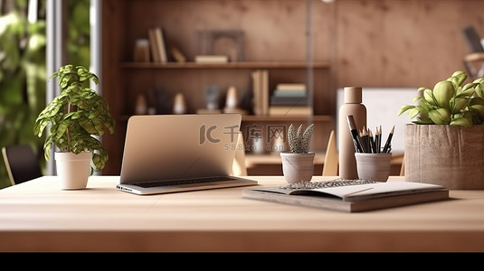 宽敞的木制学习桌上增强的学生工作空间概念笔记本电脑和文具布置